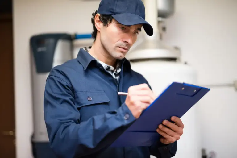 Técnico completando reporte de inspección eléctrica en propiedad